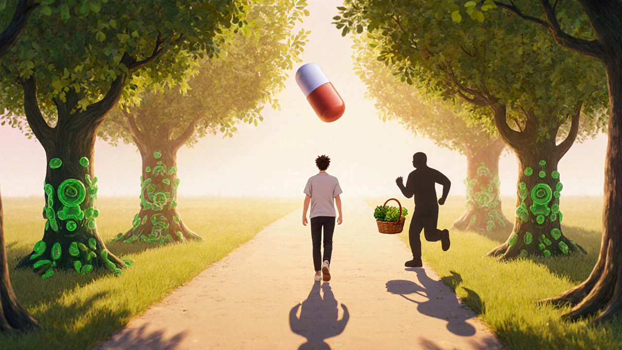 A man walking through a forest where trees represent insulin receptors, with a statin pill casting a shadow.