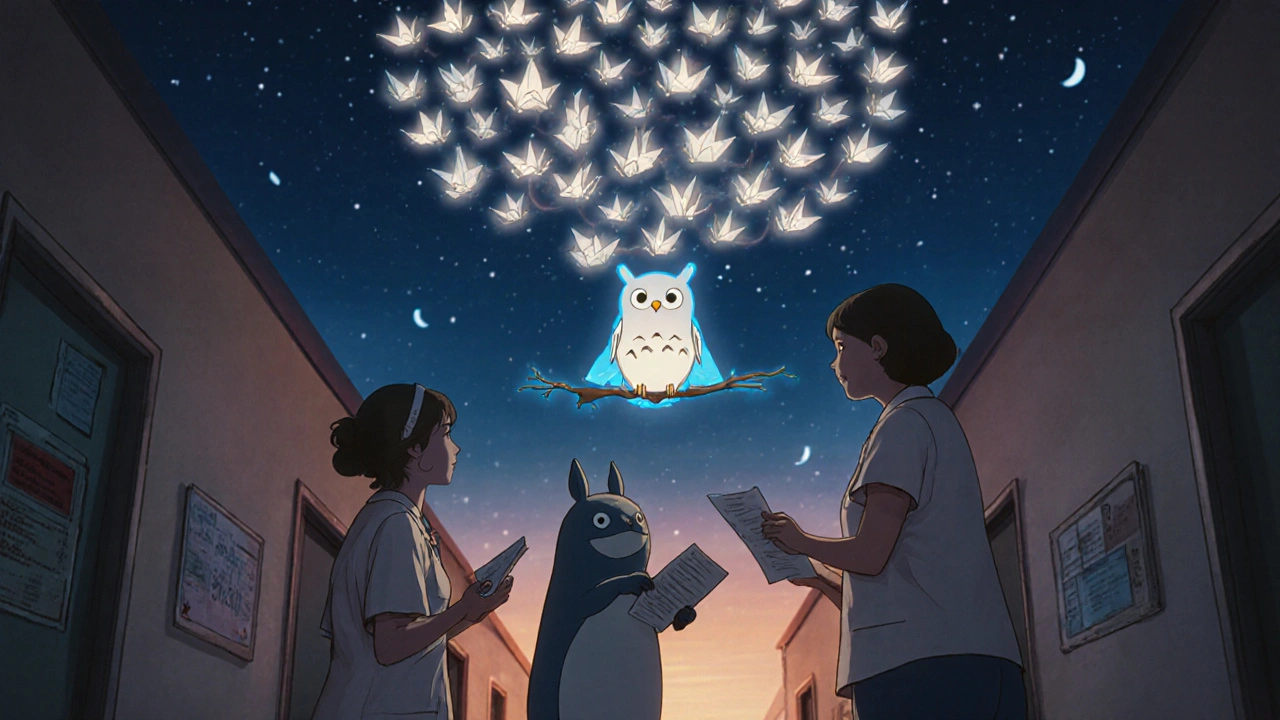 A nurse, pharmacist, and caregiver hand reports to a spirit owl, turning them into glowing paper cranes in a starry sky.