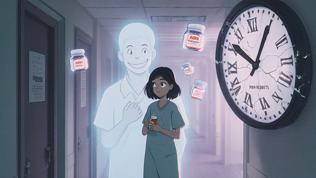 A patient in a hospital hallway, fading into their former self, with floating medication icons and a ticking clock.
