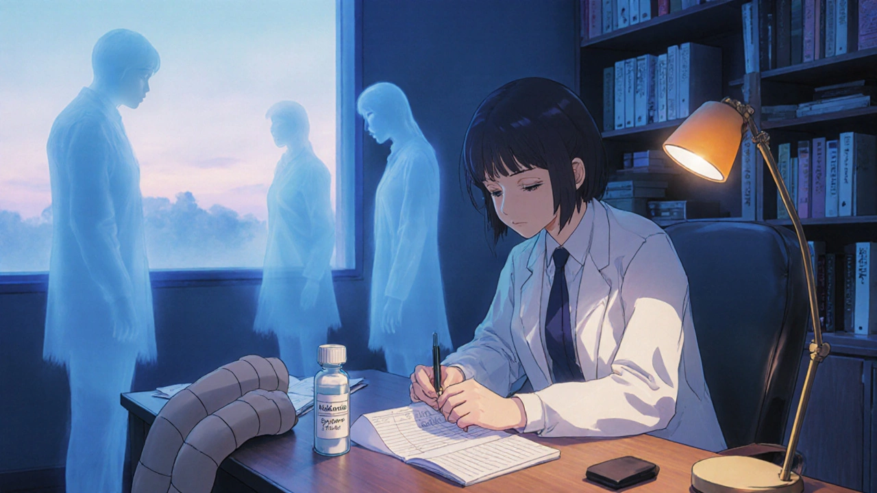 A patient in a neurologist’s office placing a migraine log next to a bottle of midodrine, twilight lighting.