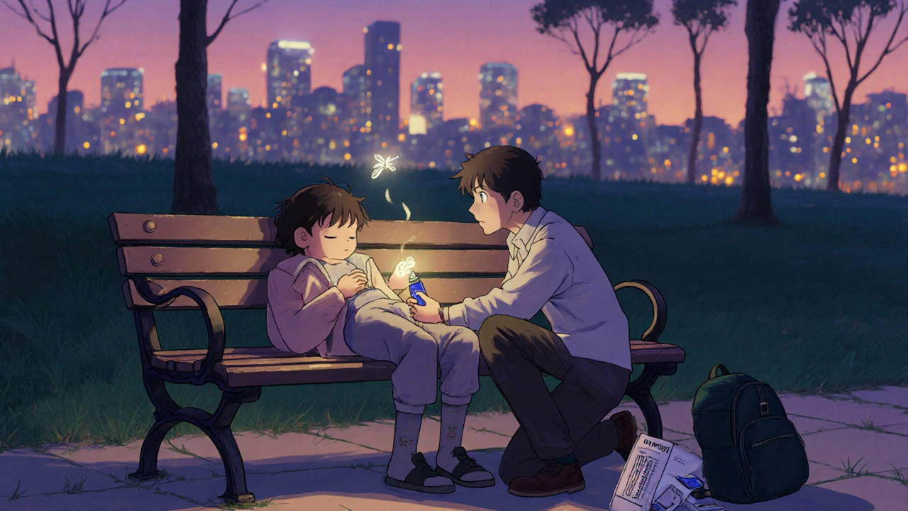 A person administering naloxone to an overdosing individual on a park bench at twilight, with a test strip visible.