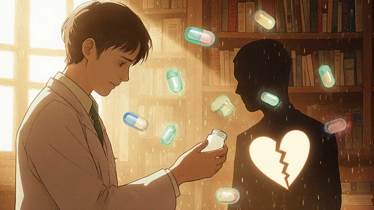 A pharmacist handing a pill bottle while glowing, different-shaped pills float in the air behind them.