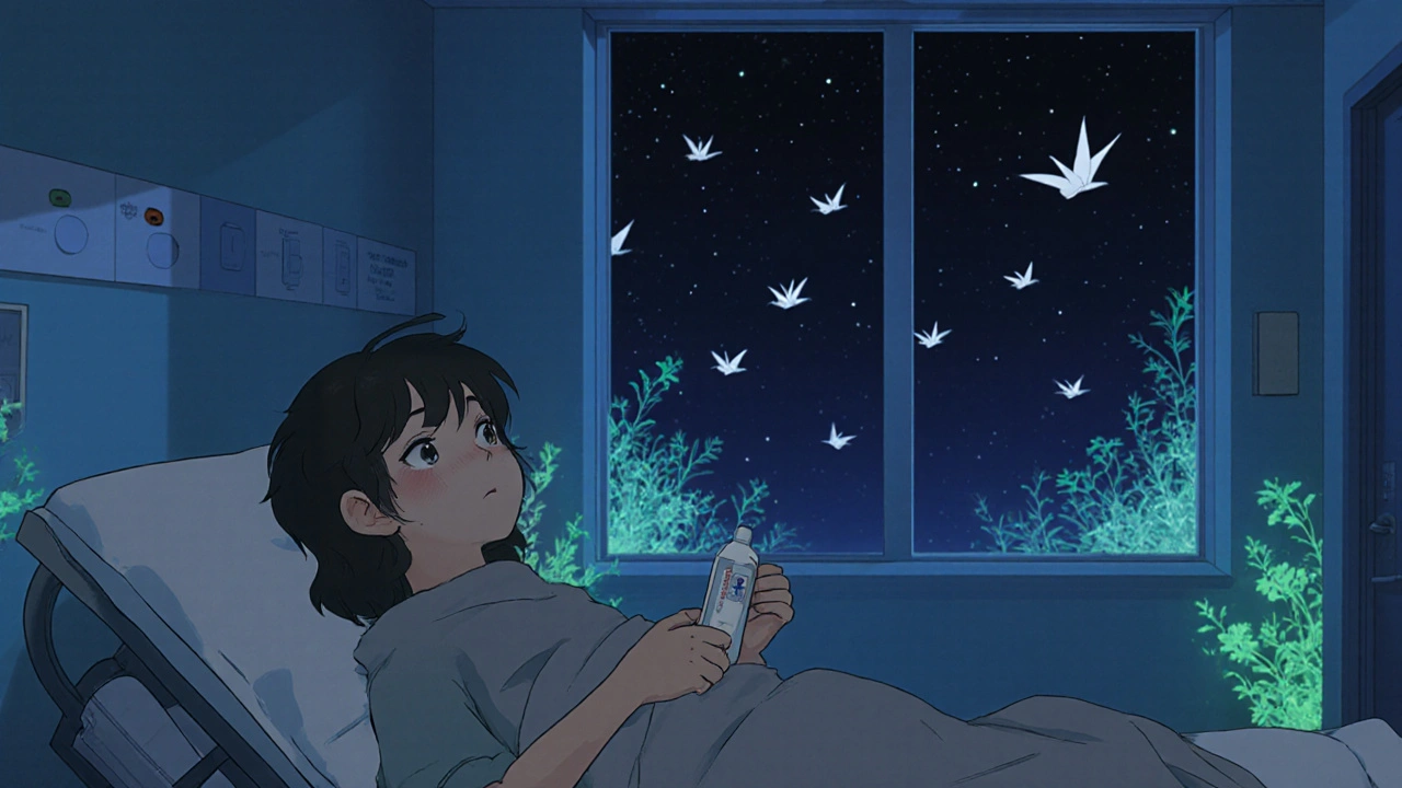 A recovered person holding naloxone with a counselor, surrounded by glowing plants and flying paper cranes.