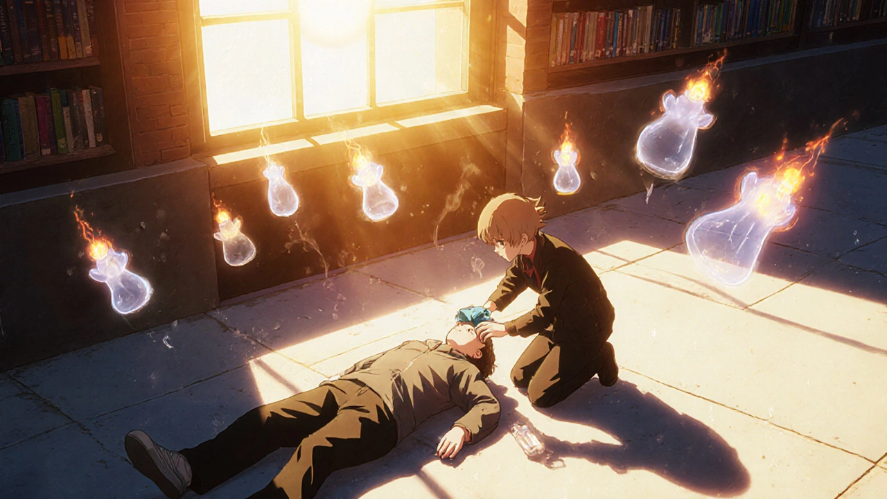 A rescuer helping an unconscious person on a hot sidewalk as ethereal heat spirits fade in the breeze.