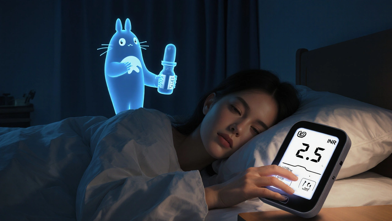 A sleeping woman with a glowing INR monitor, surrounded by translucent medical guardian spirits.