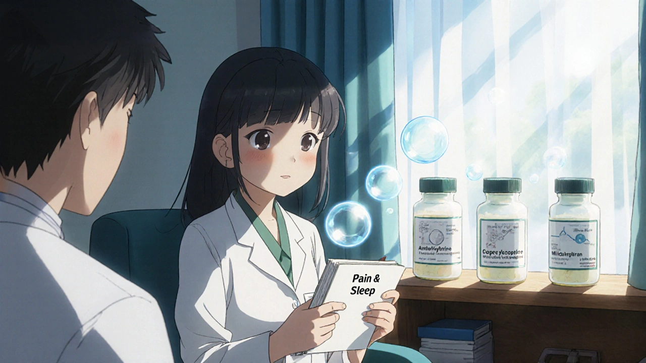 A woman and doctor sit together as glowing orbs of brain chemicals float between them.