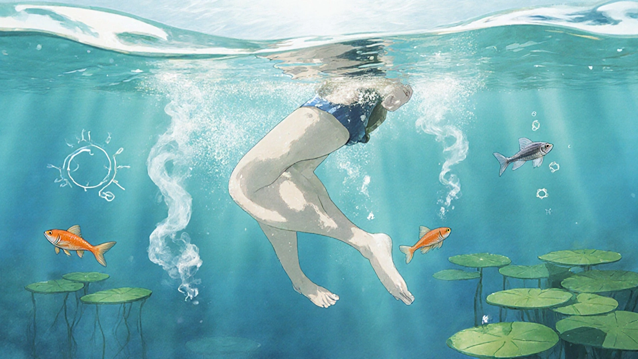 A woman swimming underwater with fish around her, visualizing reduced joint pressure and dissolving inflammation.