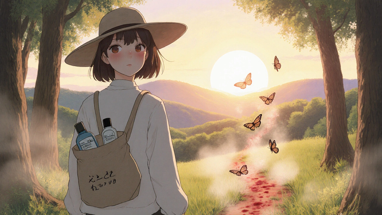 A woman walking through a forest at dawn, face clear, wearing a hat, with healing butterflies around her, in Studio Ghibli style.