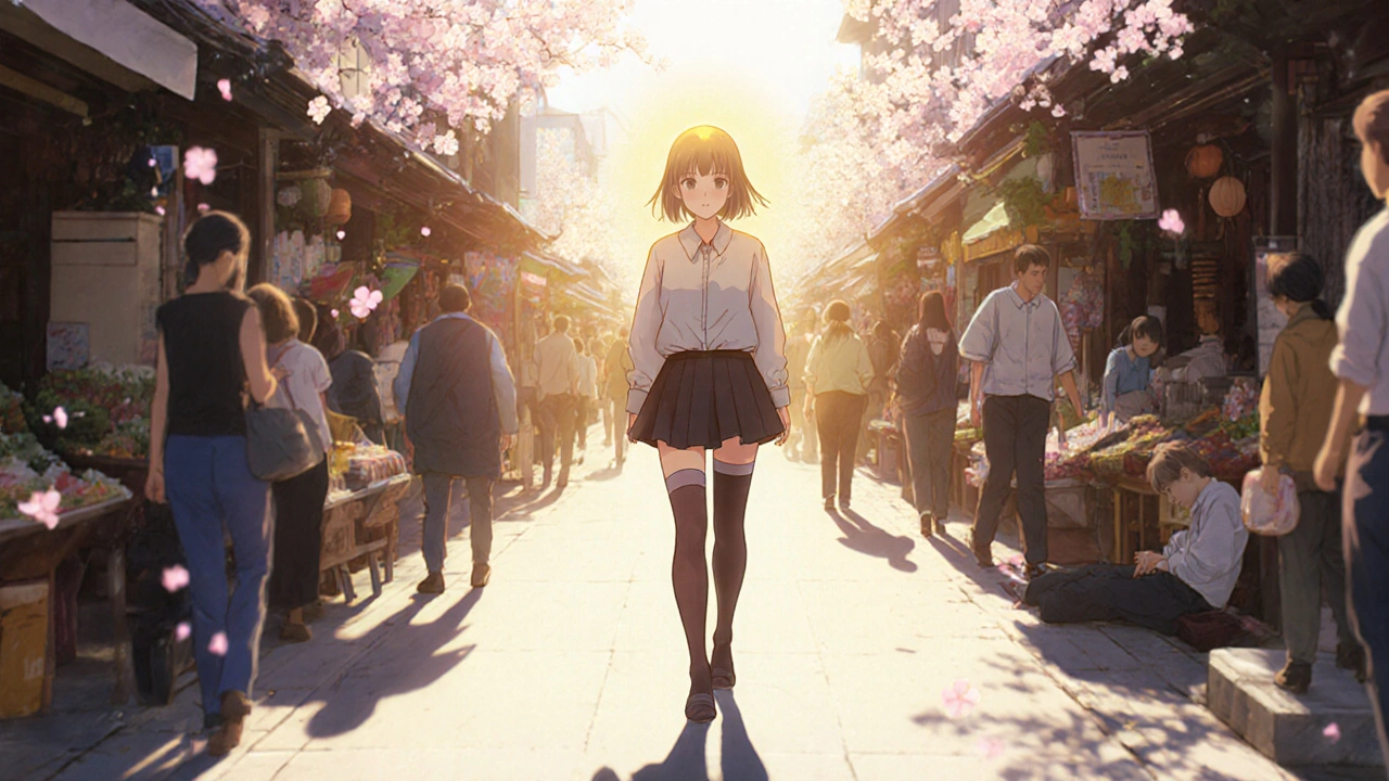 A woman walking through a market wearing compression stockings, with a glowing aura of stable blood flow around her.