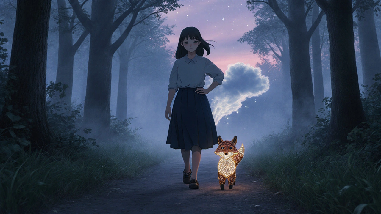 A woman walks through a misty forest as a light spirit accompanies her, symbolizing healing through movement.