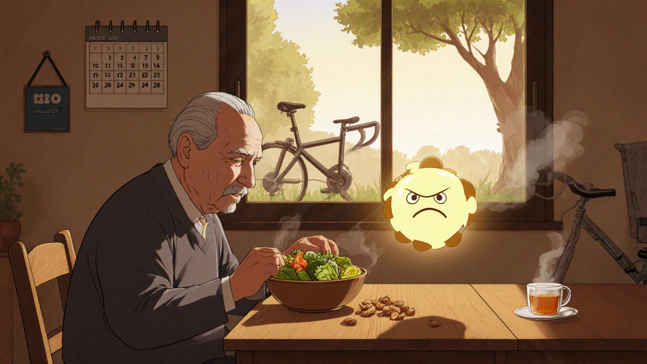 An elderly man eating healthy food at a kitchen table as a cartoonish fat molecule floats away.