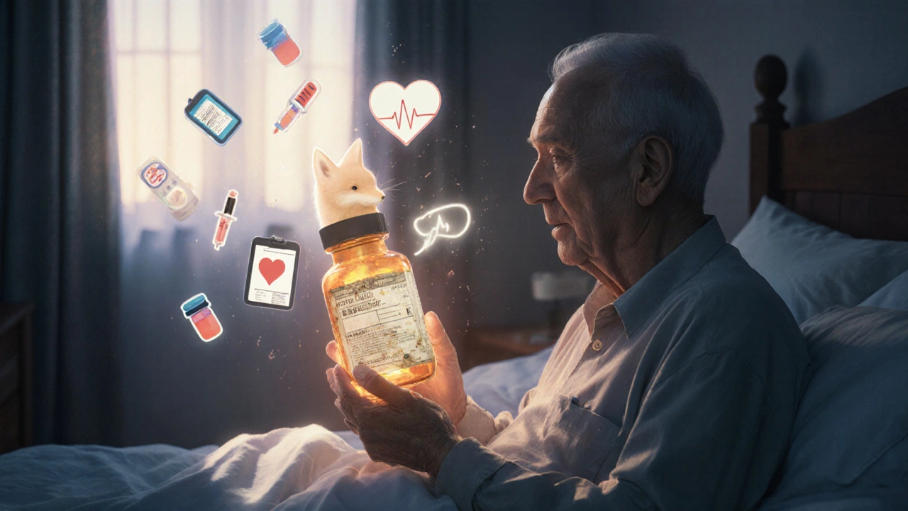 An elderly man holds a pill bottle as a fox spirit rises, releasing medical icons into the air with dawn light streaming in.
