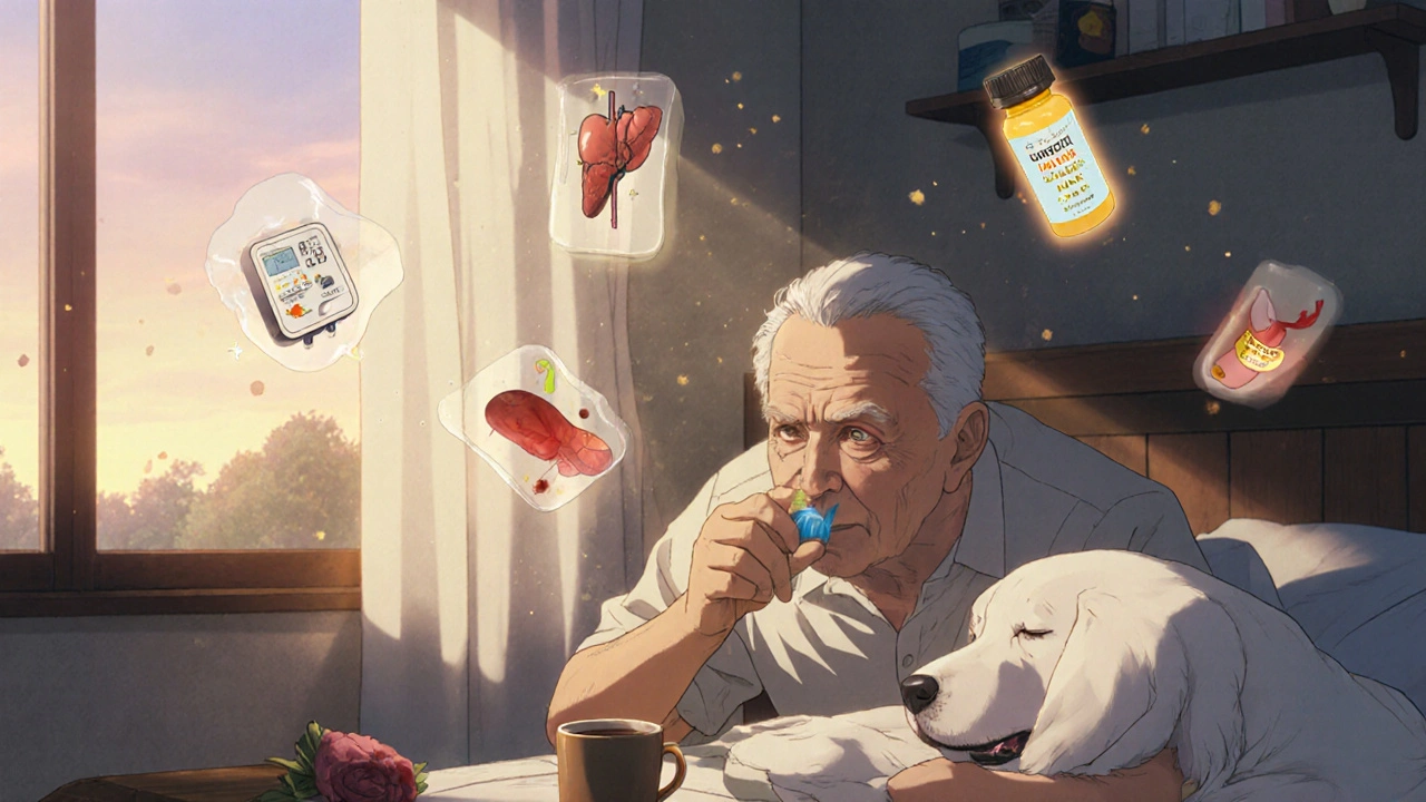 An elderly man takes a turmeric capsule while ghostly images of health risks appear around him in a sunlit kitchen.