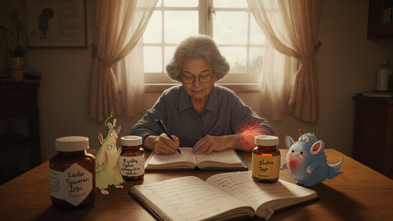 An elderly woman writing in a journal as tiny spirit creatures representing pill ingredients peek from her medication bottles.