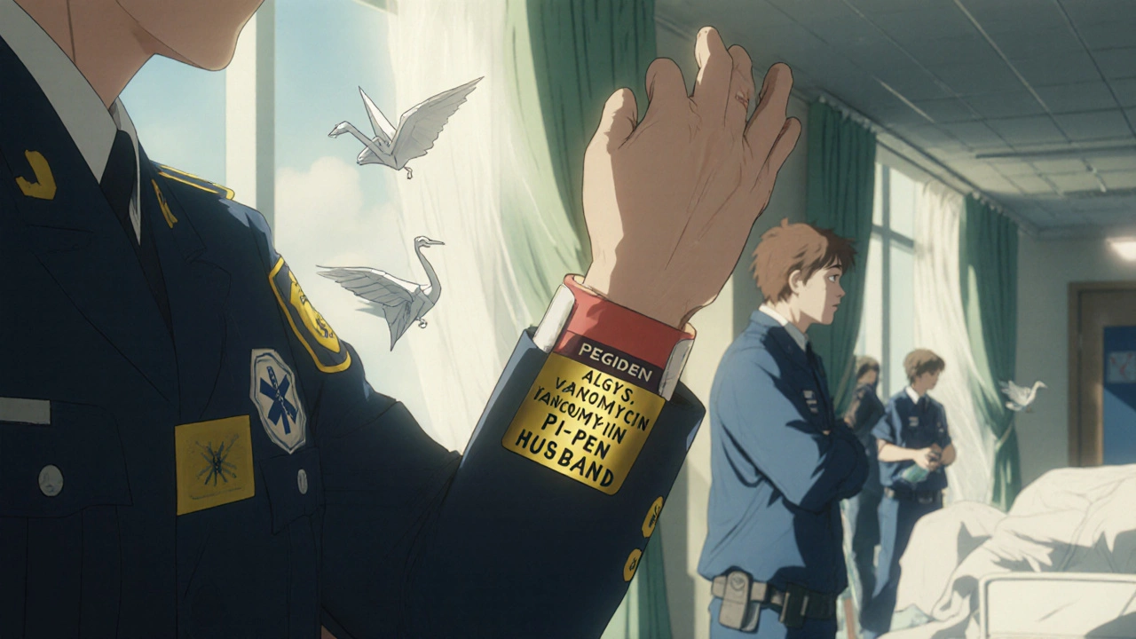 Emergency responders discovering a clearly engraved medical bracelet on an unconscious patient in a hospital.