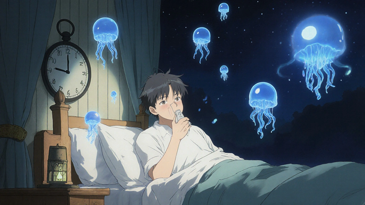 Man taking an H2 blocker at night, with blue receptor blockers floating like jellyfish in a moonlit bedroom.