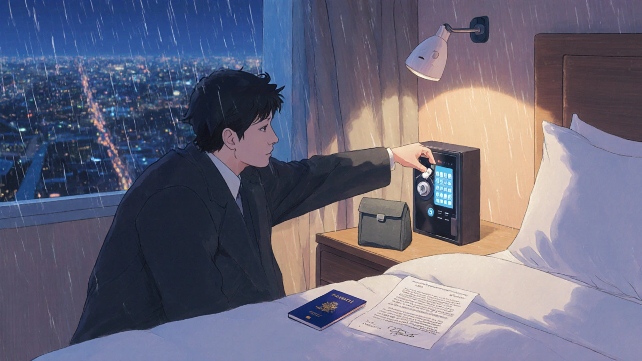 Medication safely stored in hotel safe with doctor&#039;s letter beside passport