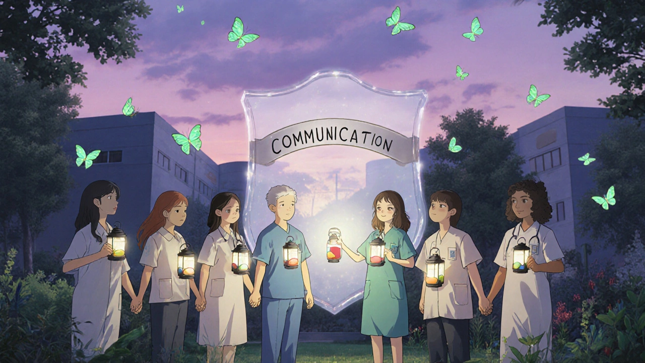 Patients and caregivers holding lanterns in a garden, light forming a shield of communication under a twilight sky.