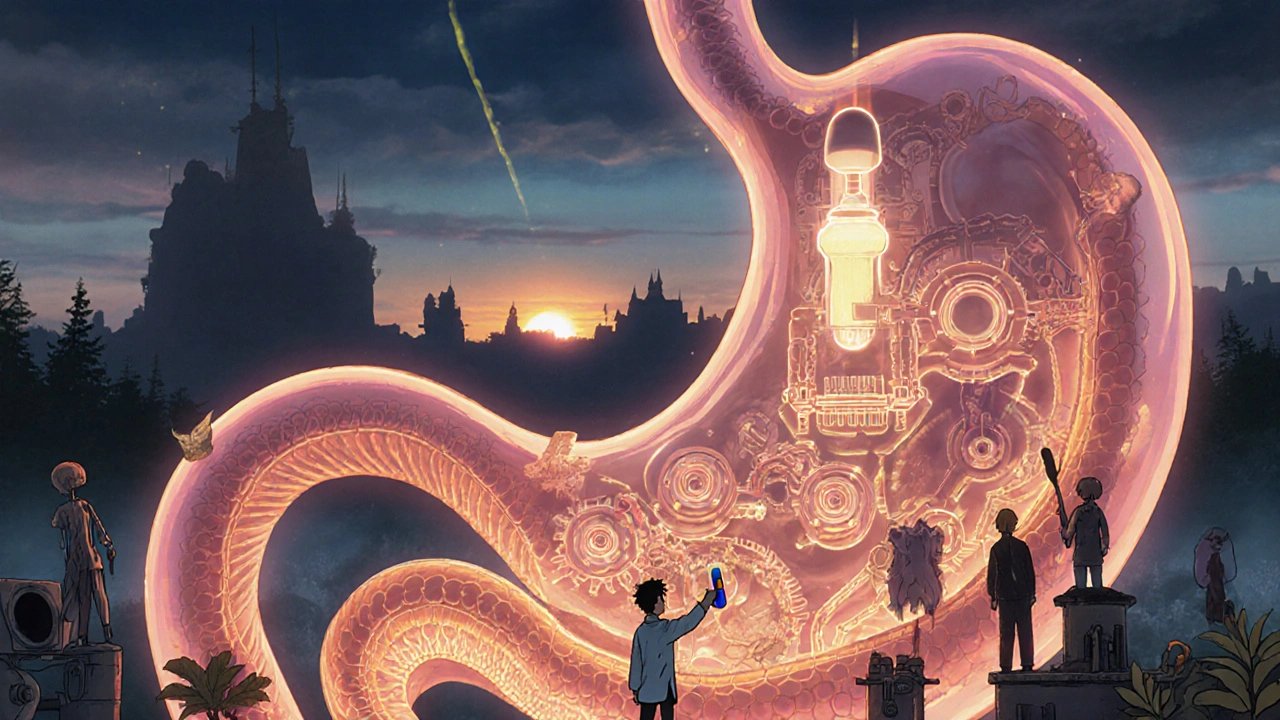 Surreal stomach landscape with proton pumps as dragons, a PPI capsule being placed, and shadowy side effects in the mist.