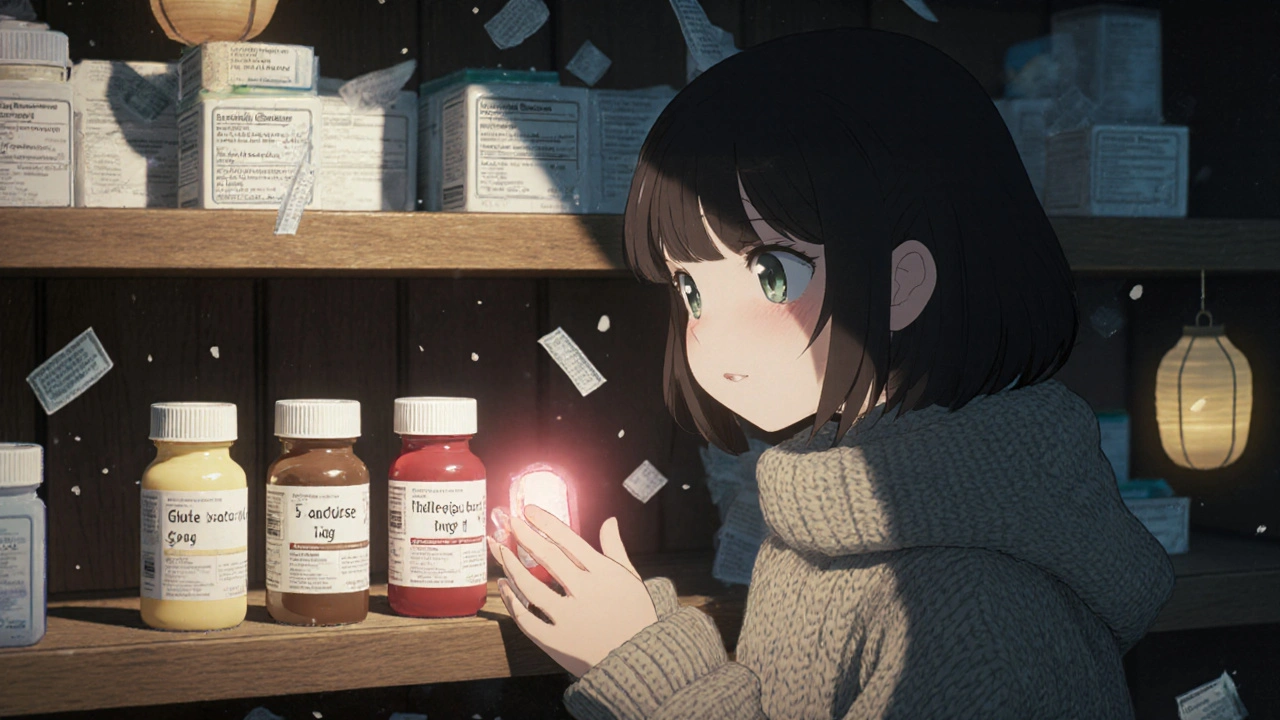 Three generic pills on a shelf, each emitting a colored aura representing different inactive ingredients, lit by moonlight in a quiet pharmacy.