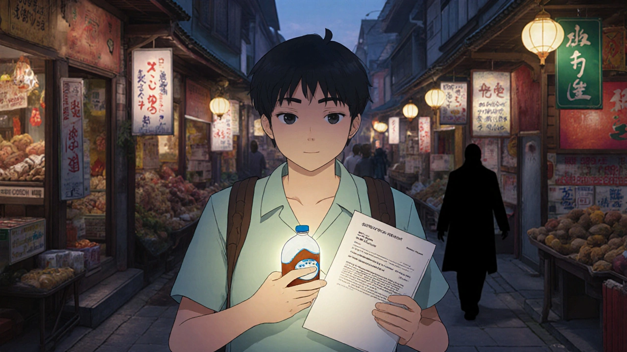 Traveler walking through foreign city at night with medication and documents protected