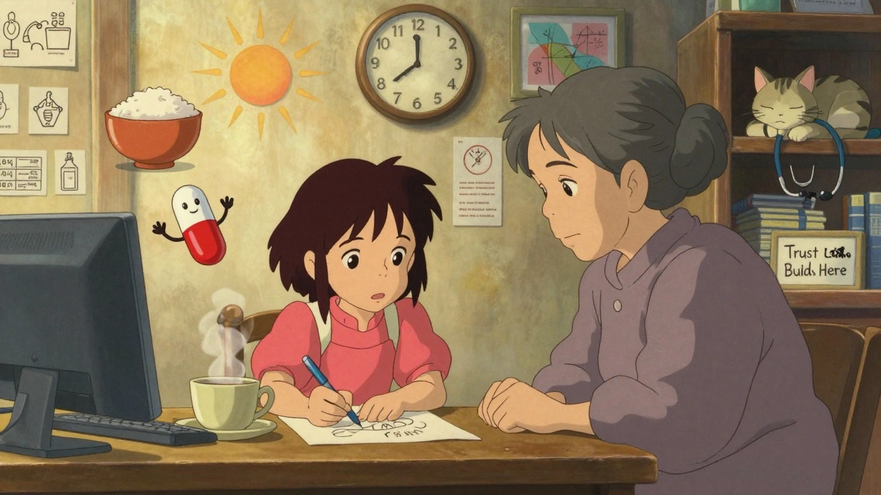 A Cambodian girl draws a pill with tea and a clock, surrounded by floating visual aids, as her grandmother watches in quiet understanding.