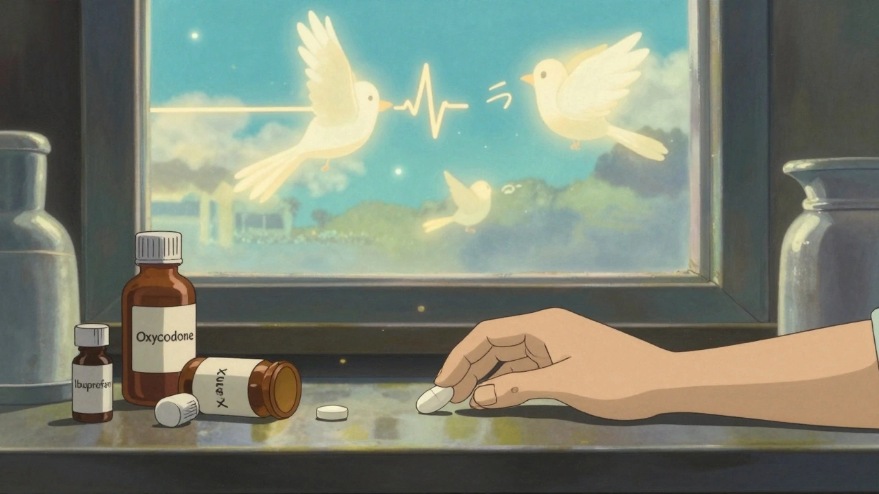 A child&#039;s hand reaching for a pill on a counter surrounded by medicine bottles, with spirit birds rising in the background.