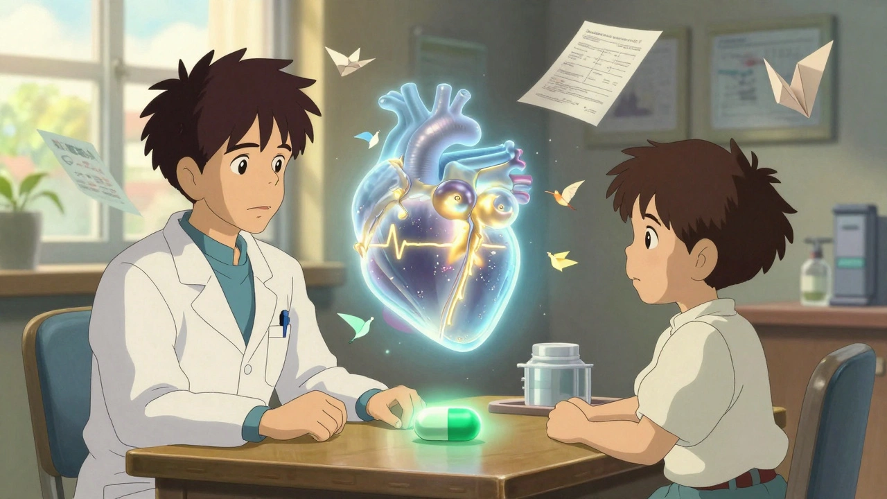 A child and doctor observe a glowing, floating heart with delicate birds symbolizing brain chemicals in a sunlit clinic.