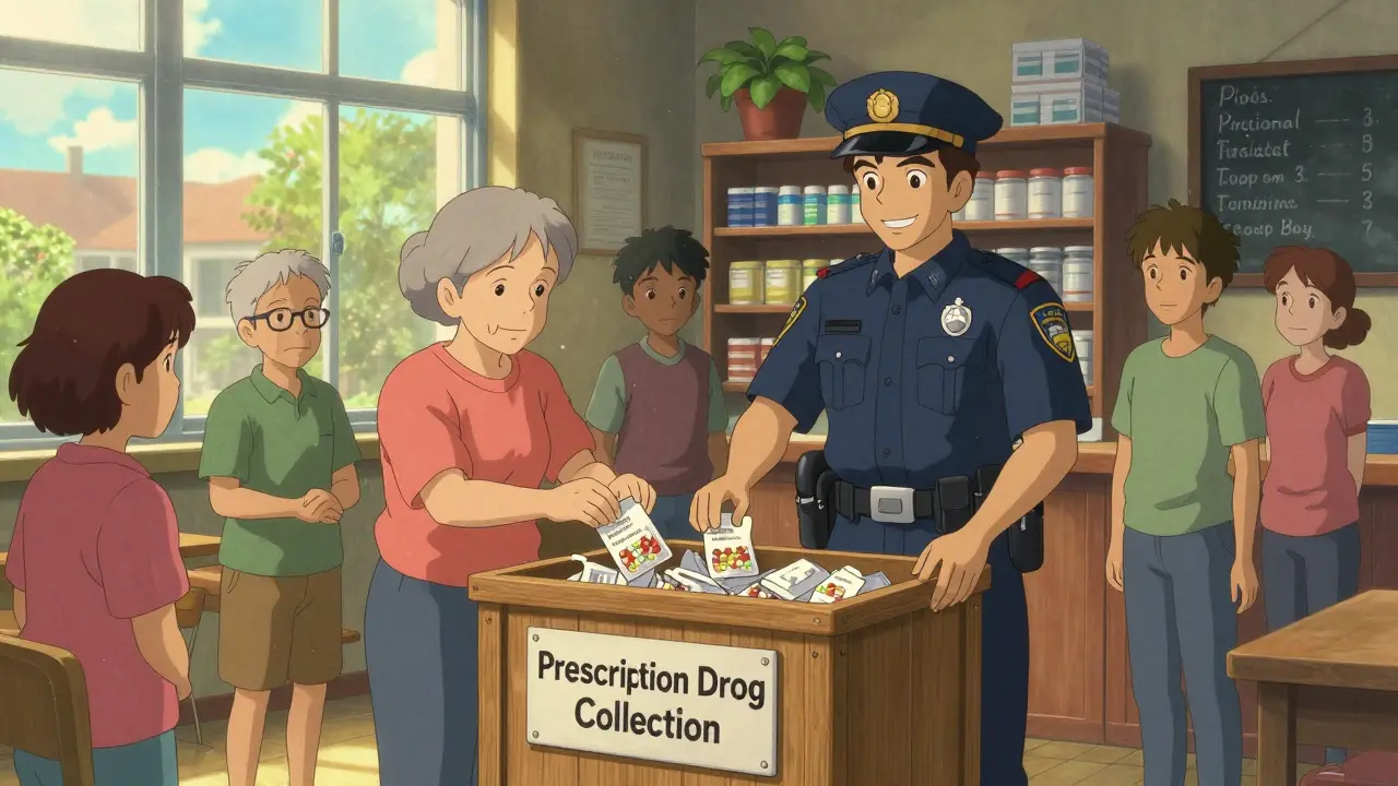 A diverse group of people peacefully drop off medications at a community center during a take-back day event.