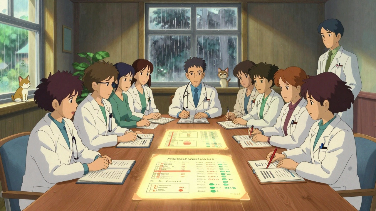 A diverse medical committee reviews drug data around a wooden table, with rain outside and a cat watching quietly.