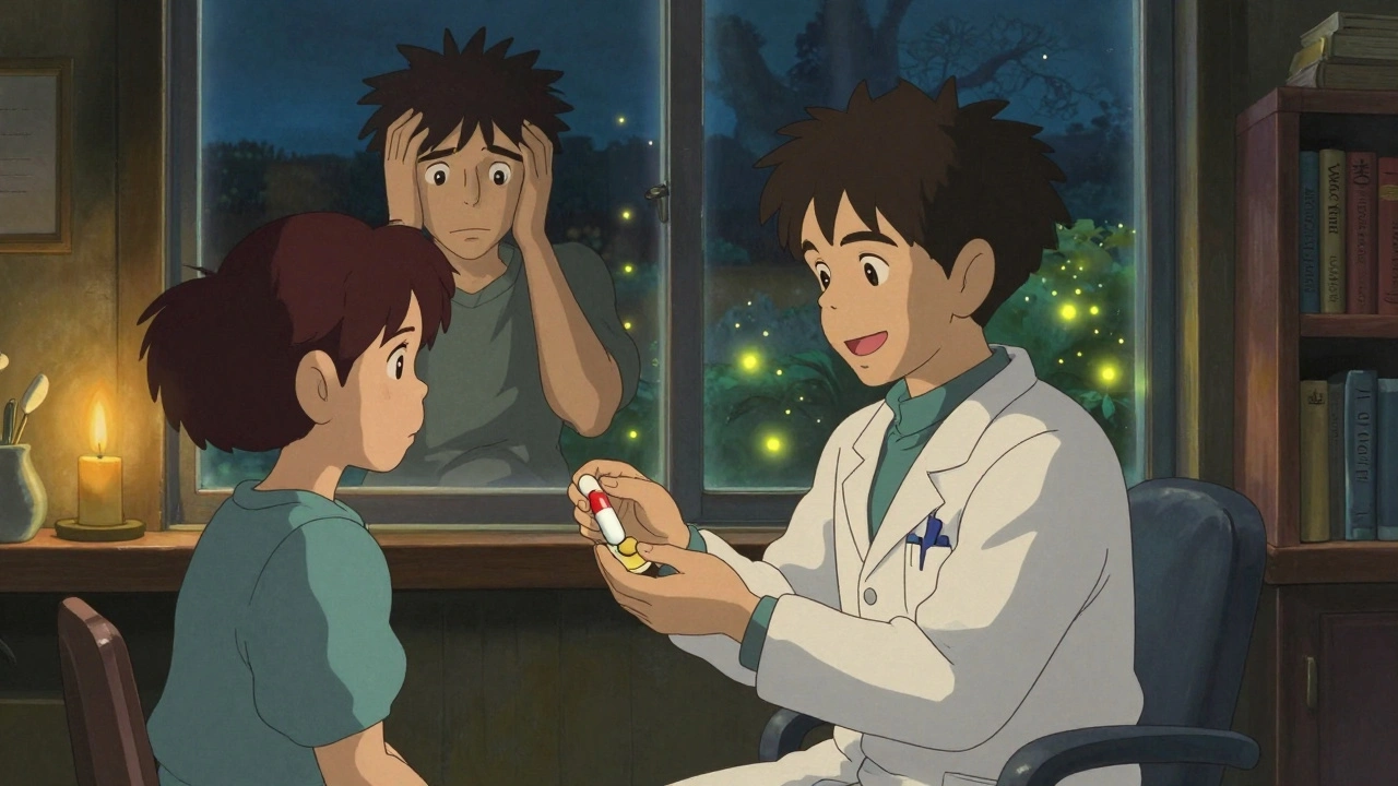 A doctor giving a sugar pill as two parallel realities unfold behind them in gentle twilight.