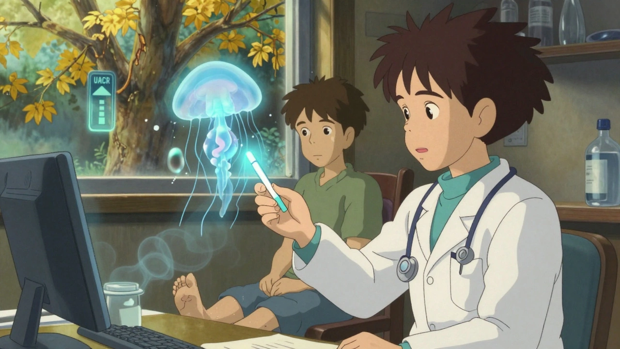 A doctor holds a glowing urine test strip as translucent proteins drift like jellyfish, with a patient showing signs of swelling.