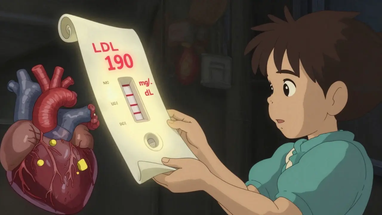 A floating lipid panel glows with red LDL numbers as a child sees her inherited condition reflected.