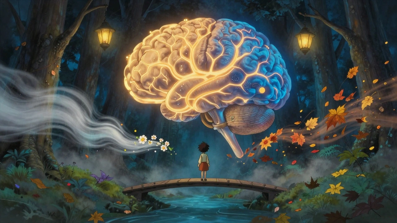A glowing brain with warm and cold neural pathways, symbolizing placebo and nocebo effects.