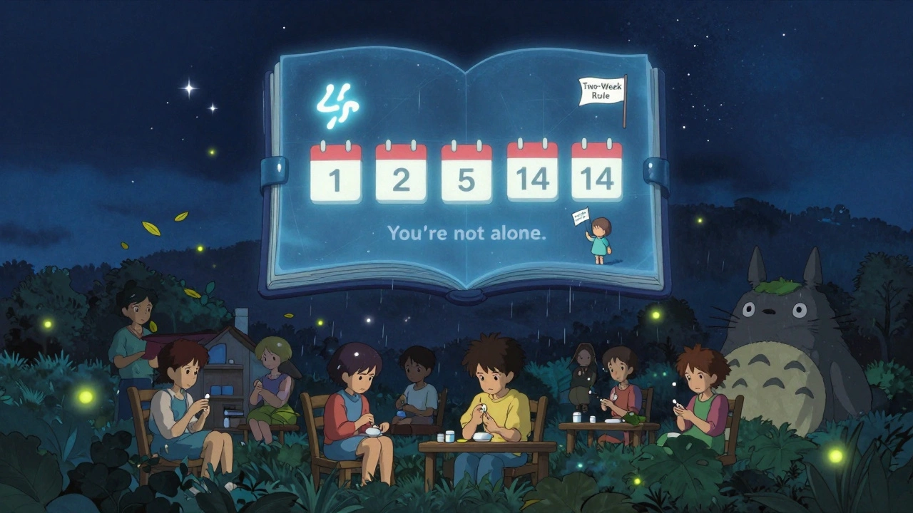 A glowing digital journal in a starry sky, guiding people through a two-week medication journey with calming nature elements.