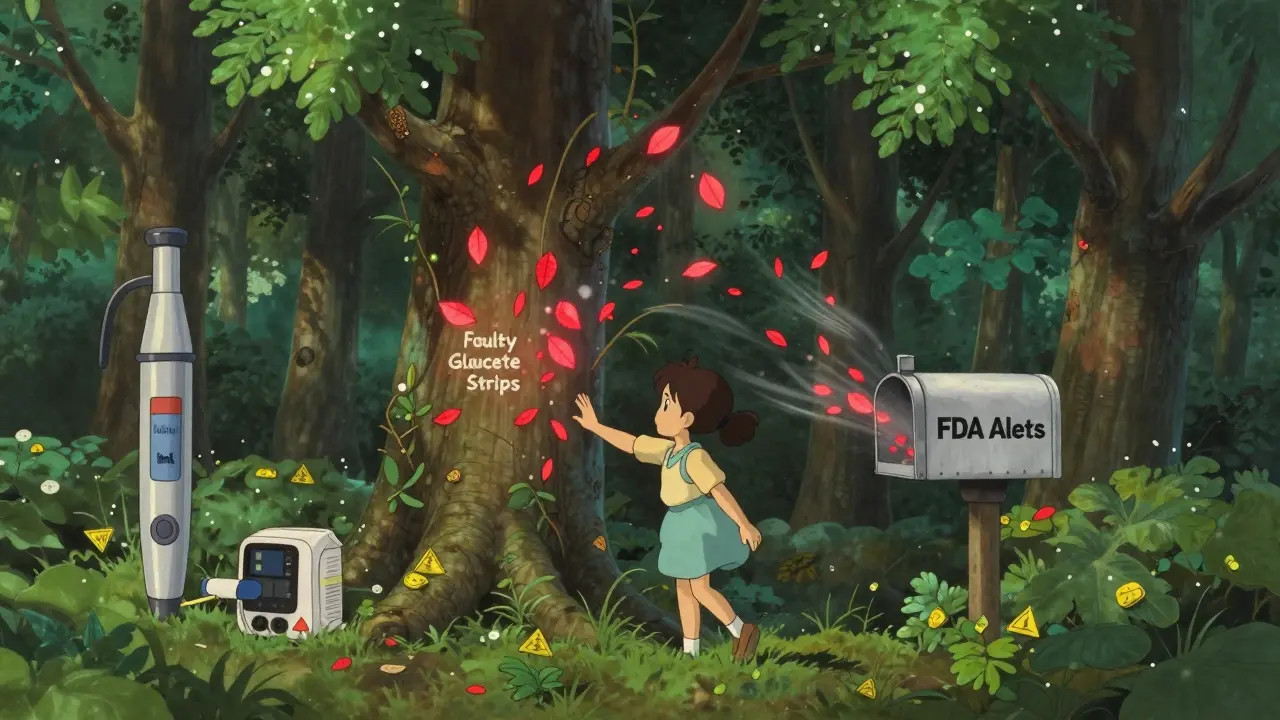 A glowing forest of product trees with warning leaves falling into a mailbox labeled 'FDA Alerts' as a girl touches one.