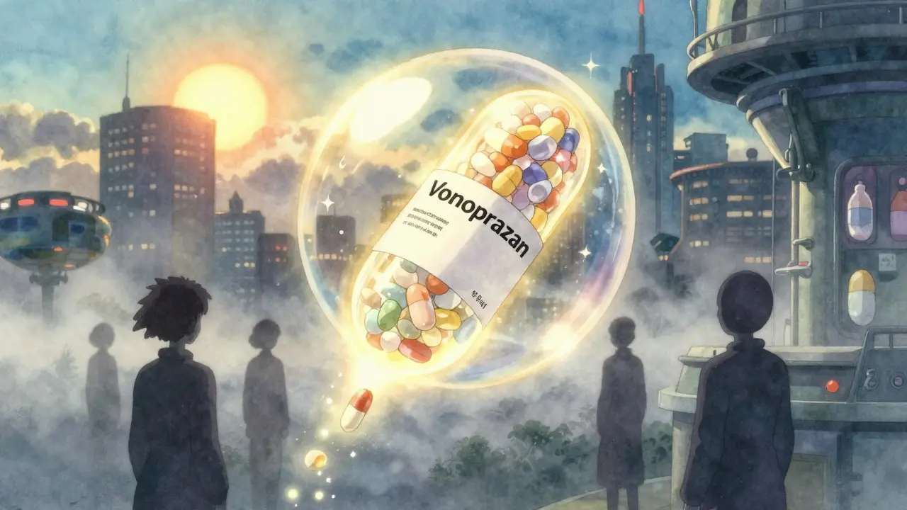 A glowing vonoprazan capsule floating in golden light above a misty city, as generic pills fade below in Studio Ghibli’s ethereal style.