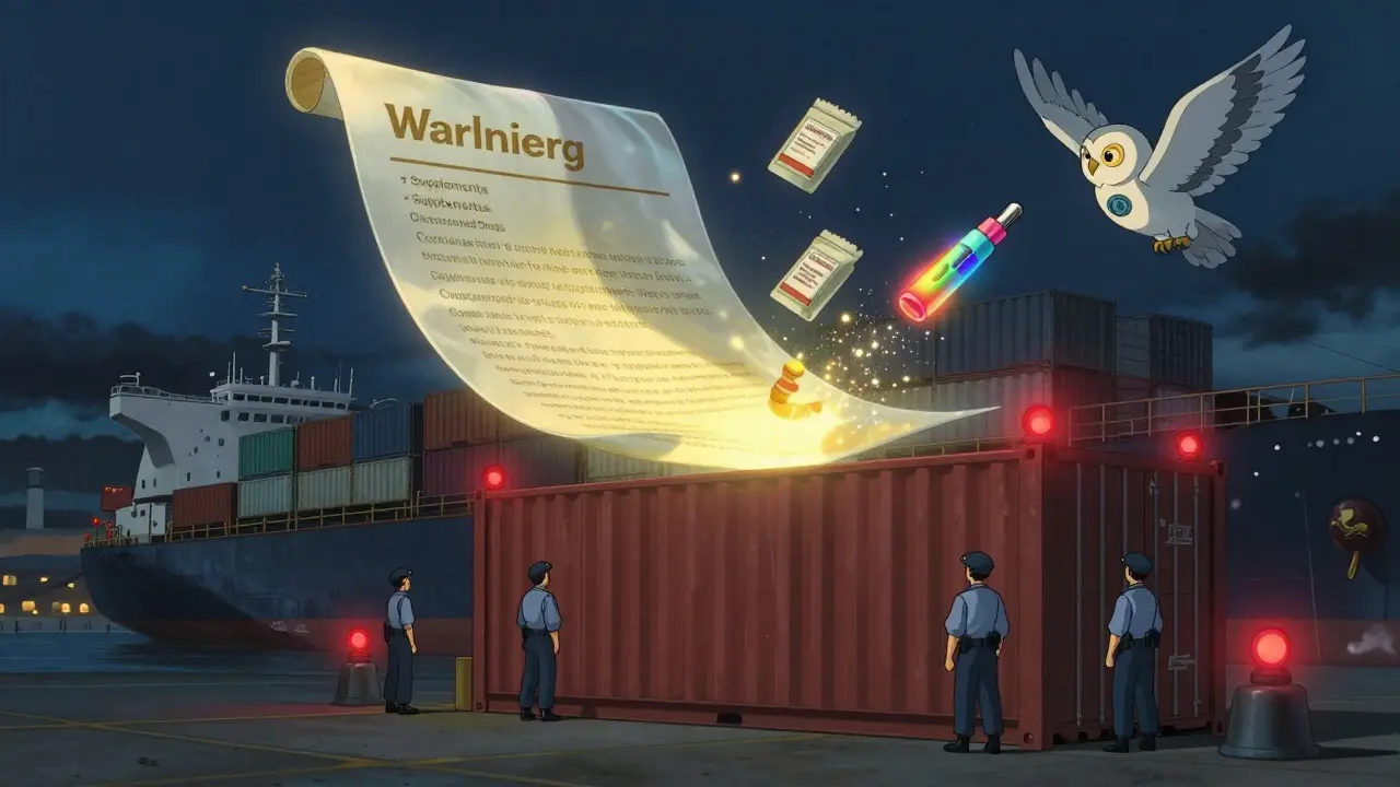 A glowing warning letter blocks shipments at a port as products dissolve into sparks, watched by an FDA-marked owl.