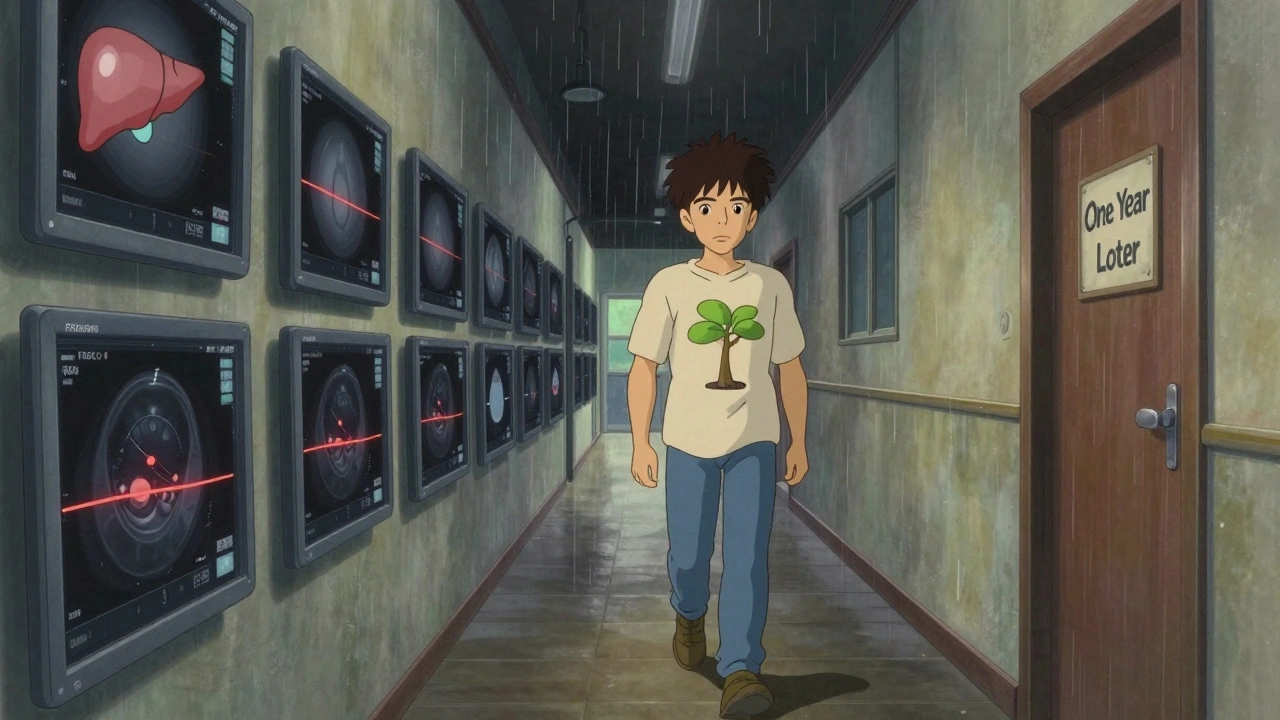 A hallway with medical scans showing improvement, leading to a person with a tree growing from their chest.