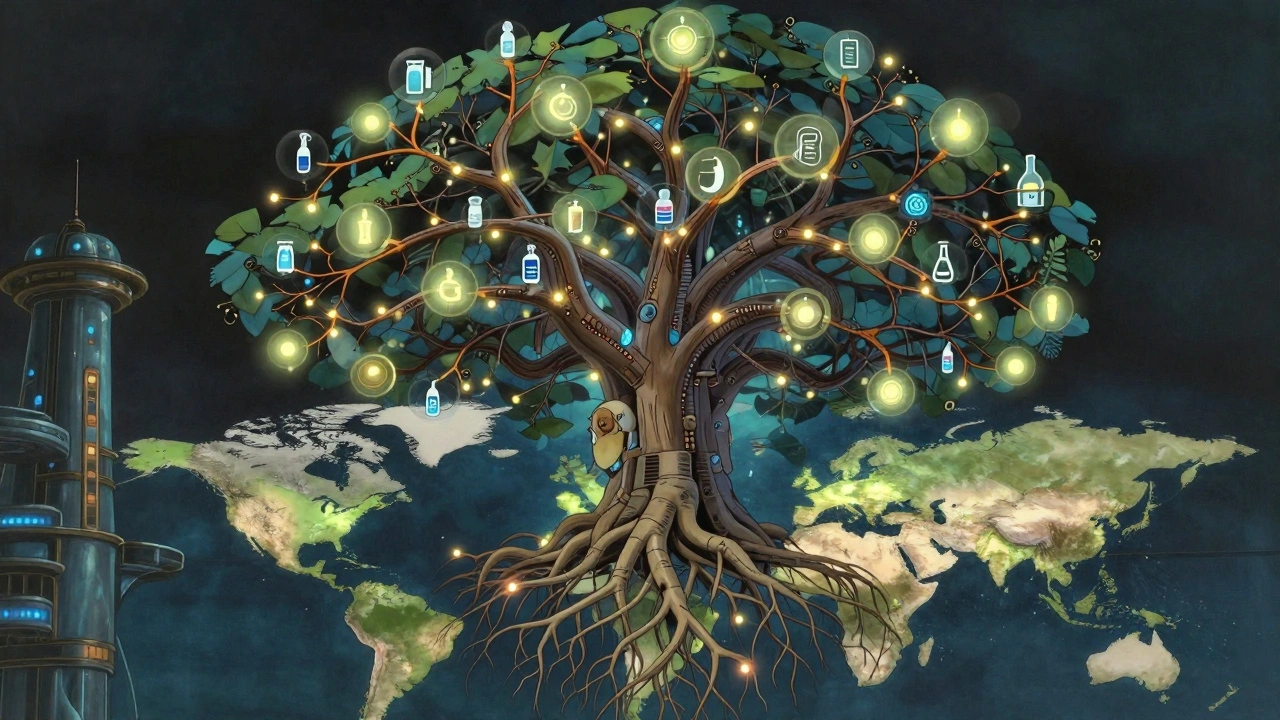 A magical mechanical tree with roots across continents shows connected drug suppliers.