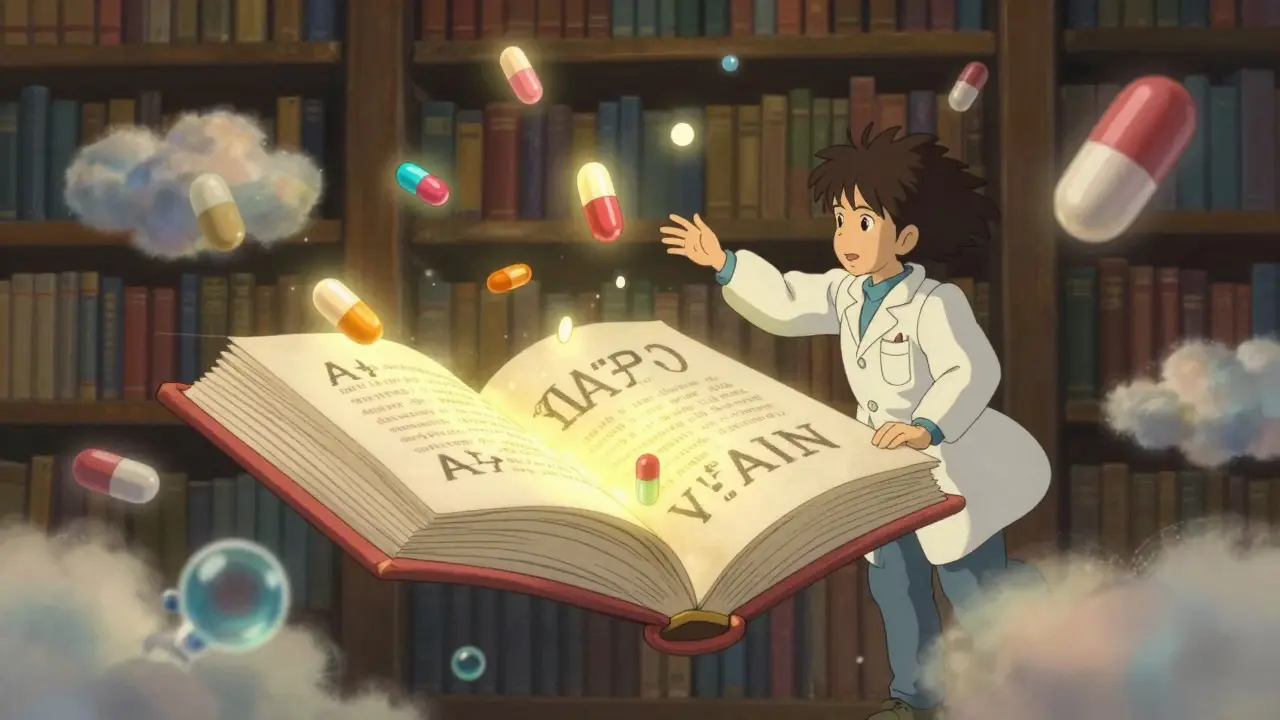 A magical Orange Book hovers with glowing TE codes as tiny pills dance around a pharmacist in a peaceful library.