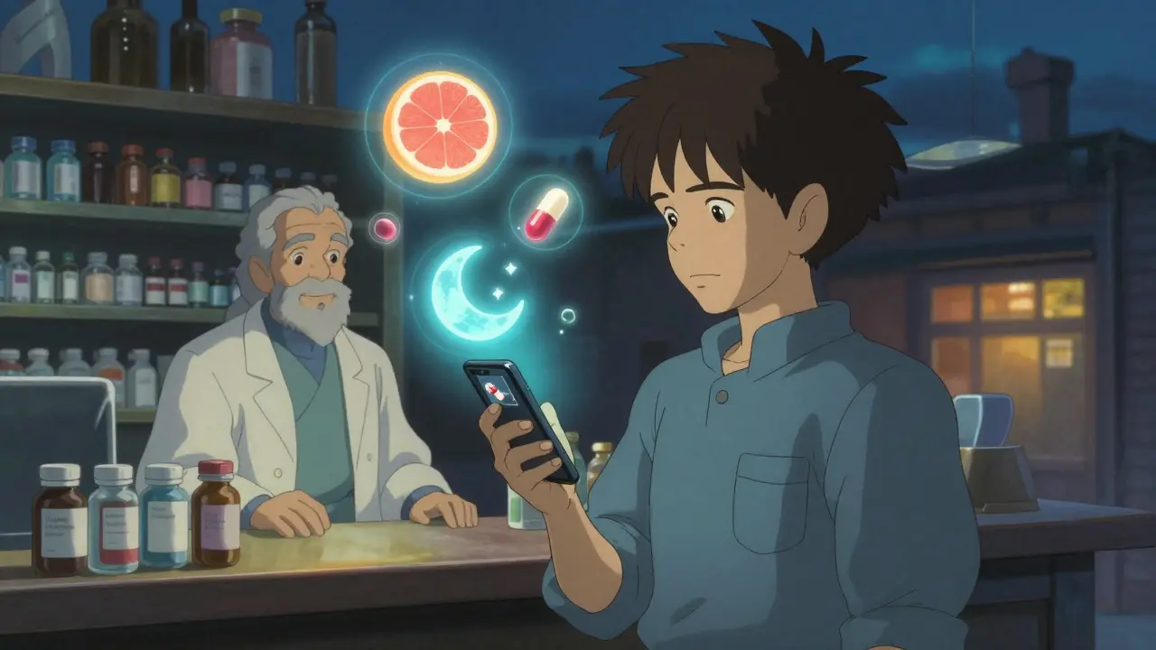 A man reviews medication photos on his phone as glowing drug interactions float around him in a pharmacy.