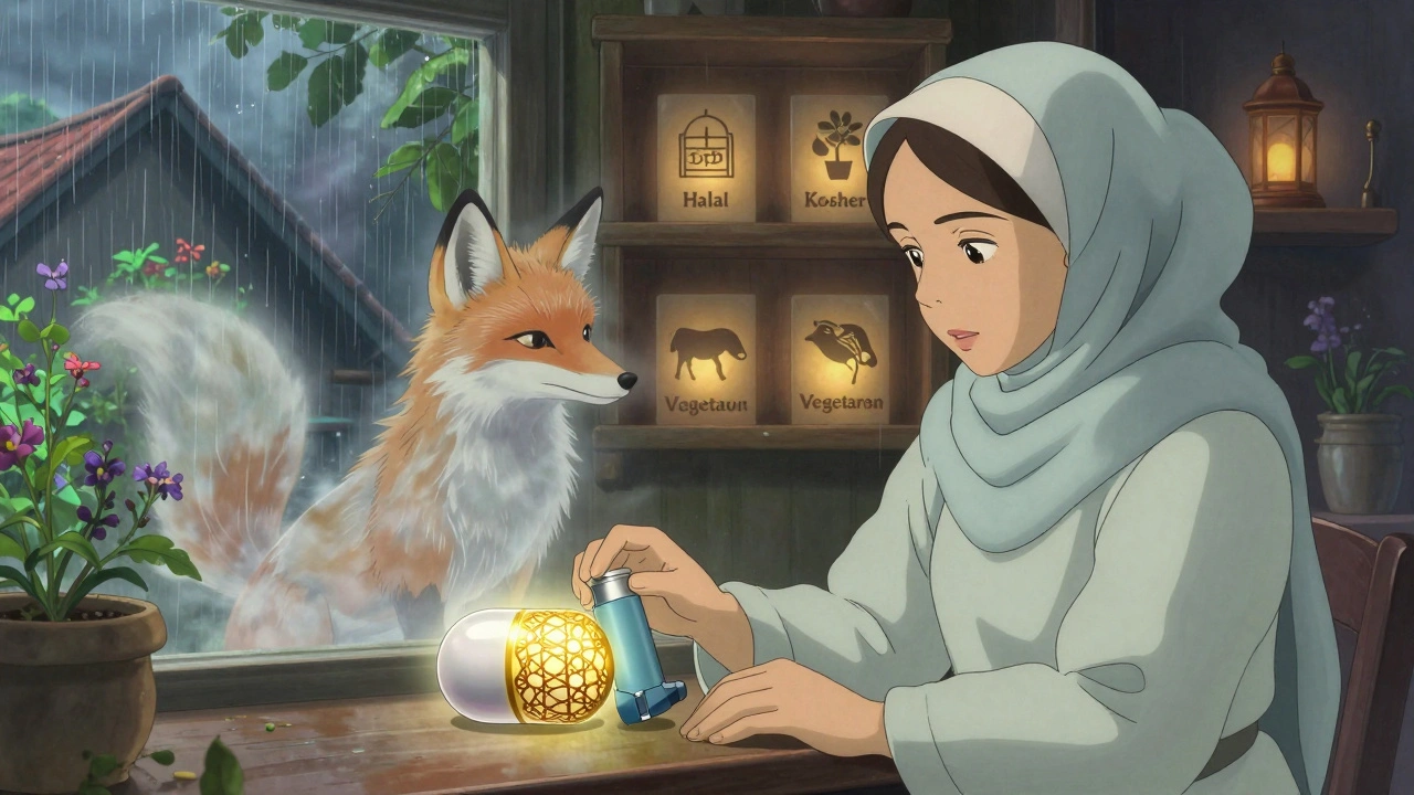 A Muslim woman receives a halal-certified inhaler with glowing cultural icons on the shelves behind her, lit by soft lantern-like light.