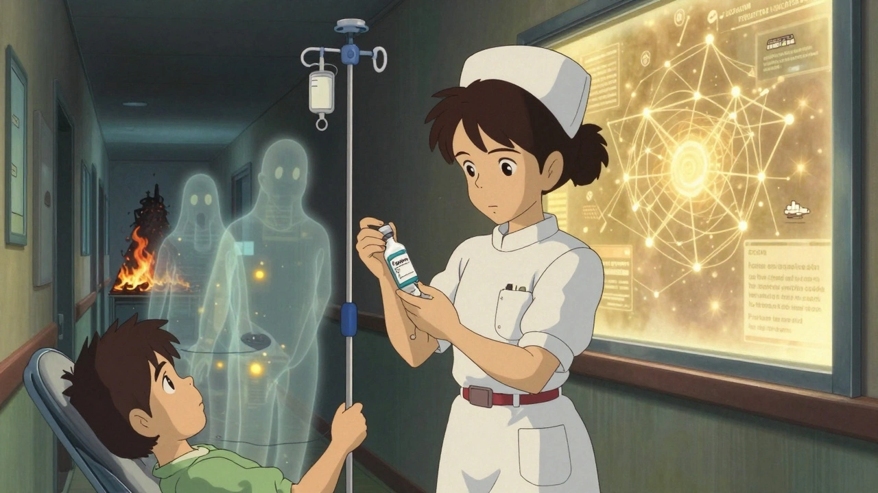 A nurse administers medicine as digital threats fade into light behind her.