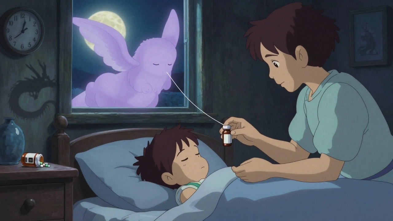 A parent places melatonin beside a child’s bed as a lavender-winged sleep guardian drifts in through the window.