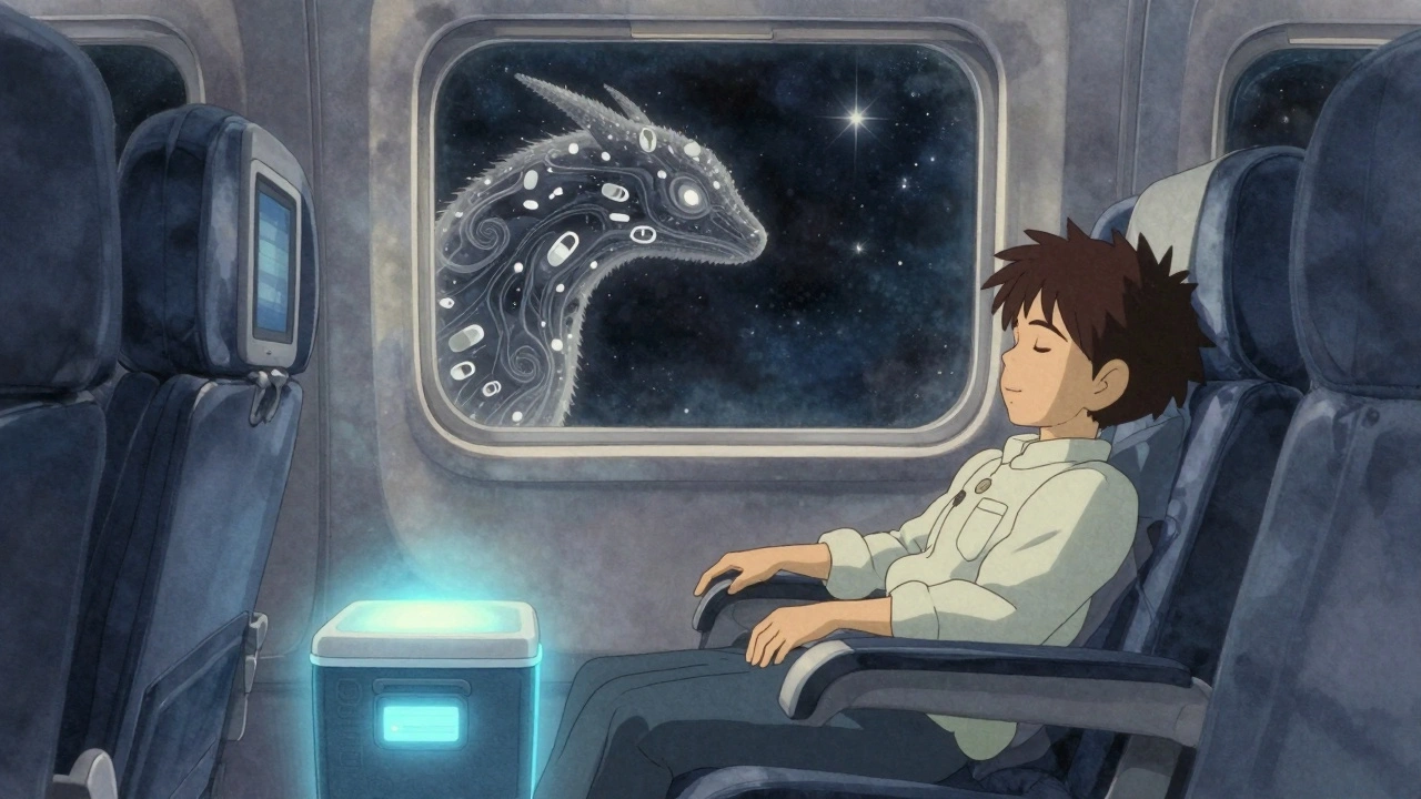 A passenger sleeps on a plane as a glowing cooler and medicinal spirit protect their medication.