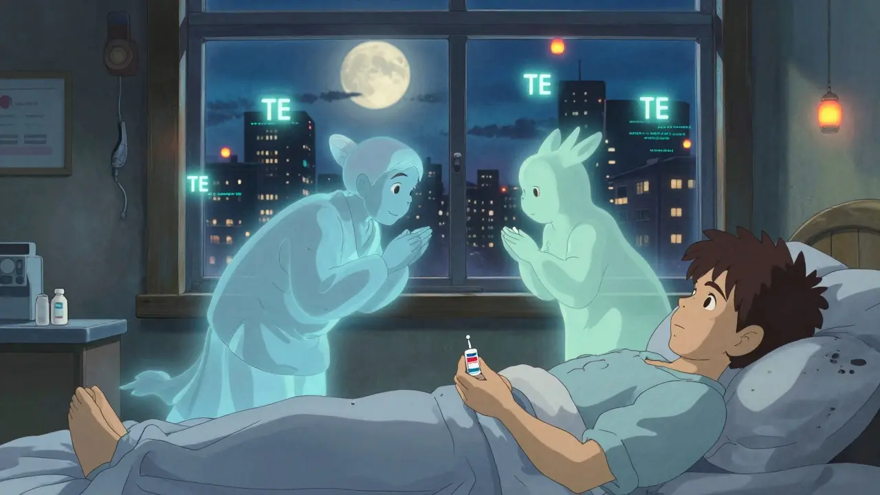 A patient holds two pills as spirit figures from each bow to each other under a moonlit sky with floating TE code lanterns.
