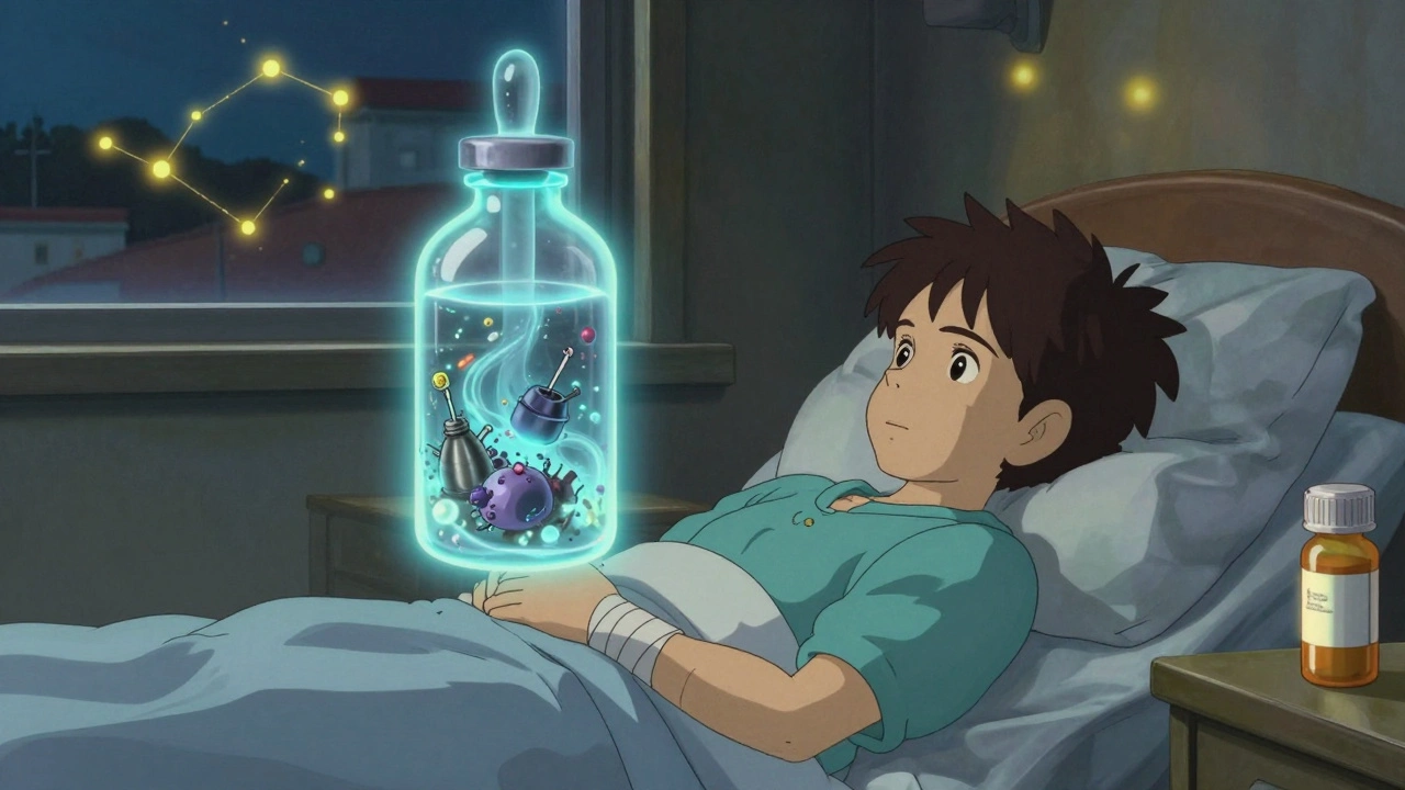 A patient in hospital with a ghostly counterfeit vial hovering beside her.