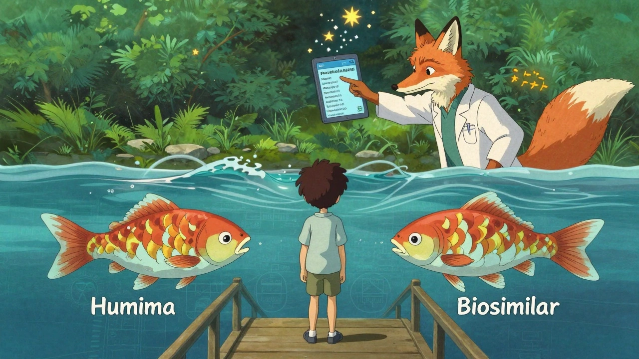 A patient on a bridge watching two identical fish symbolizing biosimilars and original drugs, with data stars rising above.