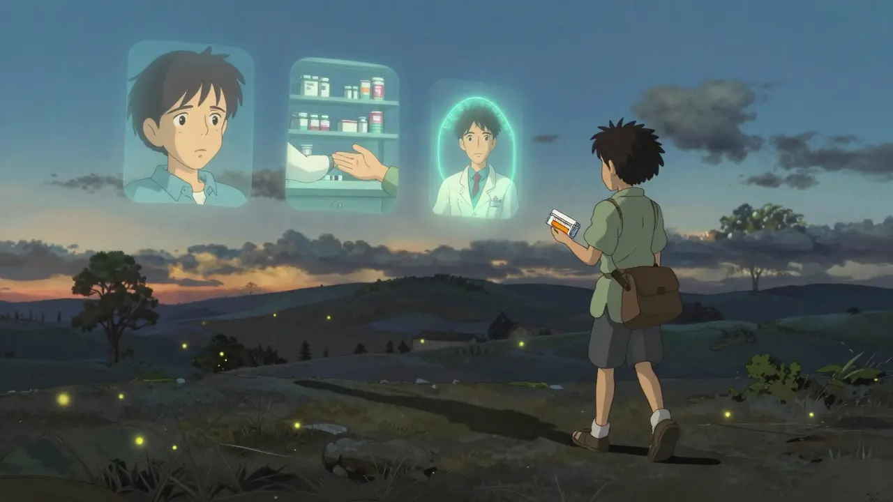 A patient walks home under twilight with floating memories of trust and reassurance beside them.